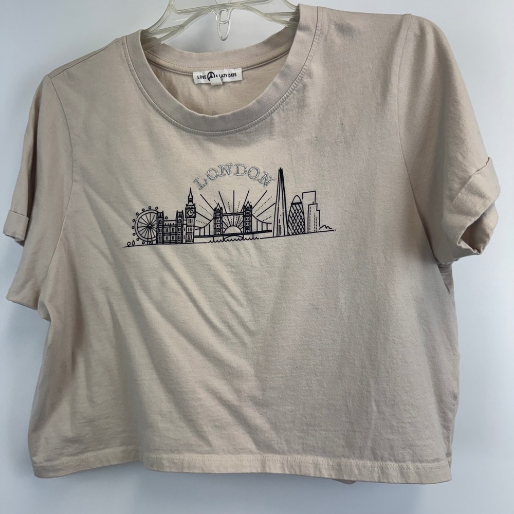 Love Peace & Lazy Days So Long London Graphic Crop T-Shirt Tan Womens Medium